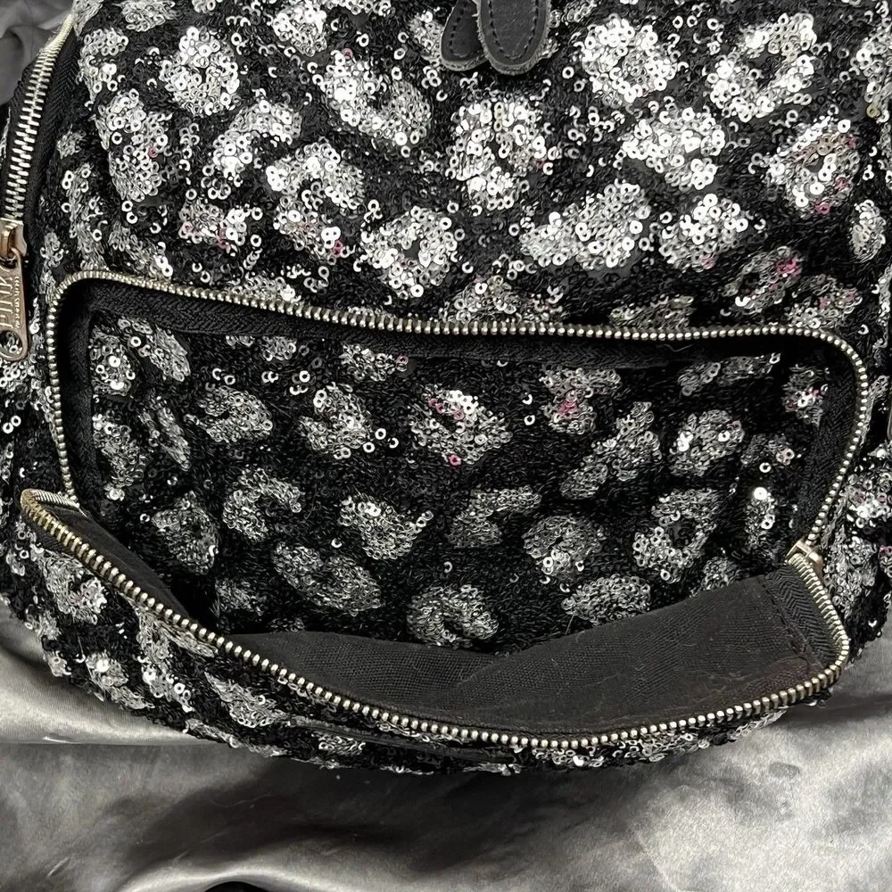 Victoria's Secret PINK Drawstring Silver Sequin Bling Large Backpack Pockets Y2K